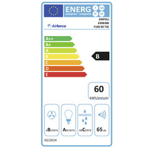 Energetický štítok pre odsávač pár s triedou energetickej účinnosti B, ročnou spotrebou energie 60 kilowatthodín a úrovňou hluku 65 decibelov.