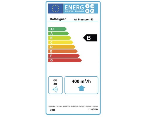Energetický štítok pre Rotheigner Air Pressure 150 s triedou energetickej účinnosti B, 66 decibelov a prietokom vzduchu 400 metrov kubických za hodinu