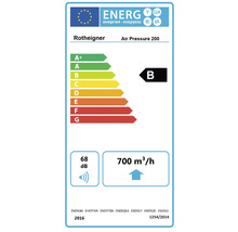 Energetický štítok pre Rotheigner Air Pressure 200 s triedou energetickej účinnosti B, hlučnosťou 68 decibelov a prietokom vzduchu 700 metrov kubických za hodinu