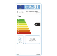 Energetický štítok pre ohrievač vody Ariston VLS EVO INOX 80 EU, trieda energetickej účinnosti B, spotreba energie 1284 kWh za rok, hlučnosť 15 decibelov
