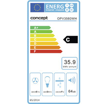 Energetický štítok pre odsávač pár, trieda energetickej účinnosti C, priemerná ročná spotreba energie 35.9 kilowatthodín, emisie hluku 64 decibelov
