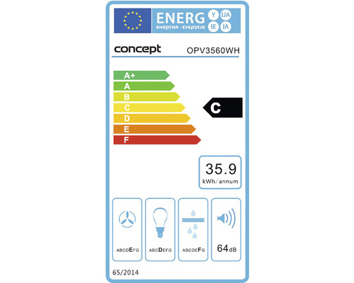 Energetický štítok pre odsávač pár, trieda energetickej účinnosti C, priemerná ročná spotreba energie 35.9 kilowatthodín, emisie hluku 64 decibelov