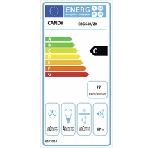 Energetický štítok Candy CBG640/2X s triedou energetickej účinnosti C, ročnou spotrebou energie 77 kilowatthodín a hlučnosťou 67 decibelov.