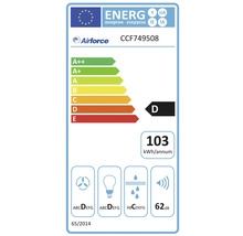 Energetický štítok Airforce CCF749508 s triedou energetickej účinnosti D, ročnou spotrebou energie 103 kilowatthodín a hlučnosťou 62 decibelov