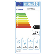 Energetický štítok s triedou energetickej účinnosti E, ročnou spotrebou energie 127 kilowatthodín, hlučnosťou 65 decibelov a logom Airforce