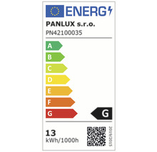 Energetický štítok s triedou energetickej účinnosti G, spotreba energie 13 kWh na 1000 hodín a logo PANLUX s.r.o.