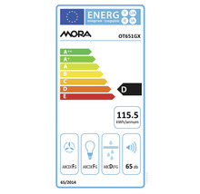 Energetický štítok Mora OT651GX s triedou energetickej účinnosti D, ročnou spotrebou energie 115,5 kWh a hlučnosťou 65 dB