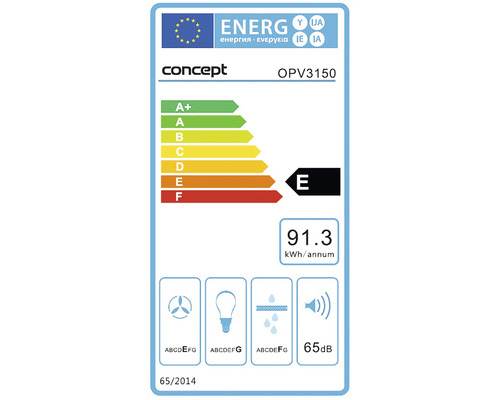 Energetický štítok pre odsávač pár s triedou energetickej účinnosti E