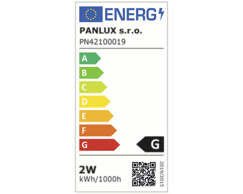 Energetický štítok od spoločnosti Panlux s.r.o., trieda energetickej účinnosti G, spotreba energie 2 watty