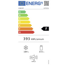Energetický štítok s triedou energetickej účinnosti F, ročnou spotrebou energie 393 kilowatthodín, objemom mraziaceho priestoru 184 litrov, objemom chladiaceho priestoru 372 litrov a hlučnosťou 41 decibelov.