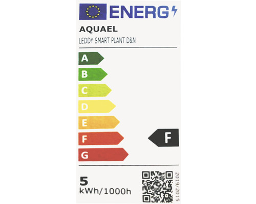 Energetický štítok pre Aquael Leddy Smart Plant D&N s triedou energetickej účinnosti F a spotrebou 5 kWh za 1000 hodín