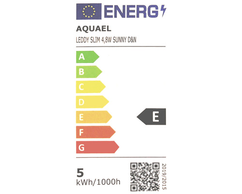 Energetický štítok Aquael Leddy Slim 4,8W Sunny D&N, trieda energetickej účinnosti E