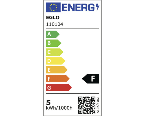 Energetický štítok značky Eglo, trieda energetickej účinnosti F, spotreba energie 5 kWh za 1000 hodín