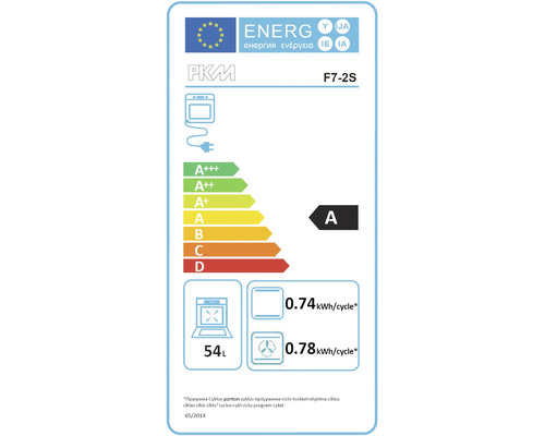 Energetický štítok PKM F7-2S s triedou energetickej účinnosti A, spotreba energie 0,74 kilowatthodín na cyklus, objem 54 litrov