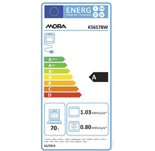 Energetický štítok pre rúru Mora K5657BW, trieda energetickej účinnosti A, objem 70 litrov