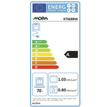Energetický štítok Mora K7668BW s triedou energetickej účinnosti A, objem 70 litrov a spotreba energie na cyklus.
