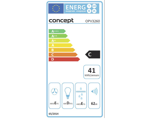 Energetický štítok Concept OPV3260, trieda energetickej účinnosti C, ročná spotreba energie 41 kilowatthodín, hlučnosť 62 decibelov