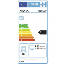 Energetický štítok Mora P4251AW s triedou energetickej účinnosti A, spotrebou 5,80 megajoulov na cyklus a objemom 70 litrov.
