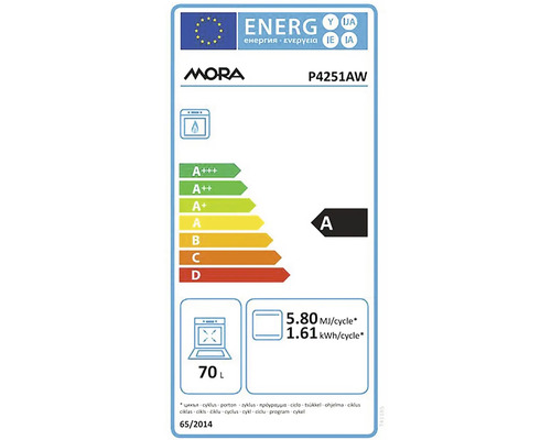 Energetický štítok Mora P4251AW s triedou energetickej účinnosti A, spotrebou 5,80 megajoulov na cyklus a objemom 70 litrov.