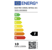 Energetický štítok s triedou energetickej účinnosti F, spotreba energie 10 kilowatthodín na 1000 hodín