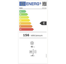 Energetický štítok Mora s triedou energetickej účinnosti E, ročnou spotrebou energie 156 kilowatthodín, objemom 61 litrov a hlučnosťou 38 decibelov.
