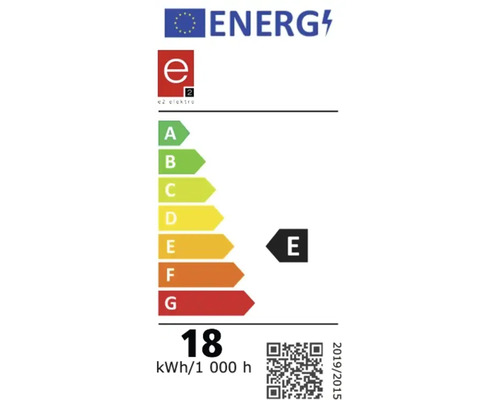 Energetický štítok E2 Elektro s triedou energetickej účinnosti E a spotrebou 18 kilowatthodín na 1 000 hodín