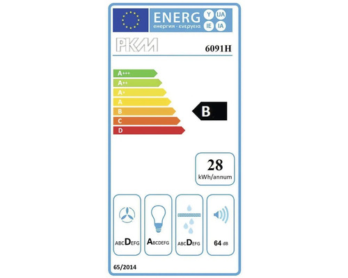 Logo PKM, energetická trieda B, spotreba energie 28 kilowatthodín ročne, hladina hluku 64 decibelov