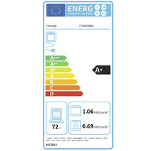 Energetický štítok pre rúru Concept ETV8260bc s triedou energetickej účinnosti A+, objemom 72 litrov a spotrebou energie.