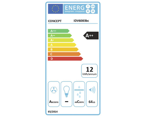 Energetický štítok pre CONCEPT IDV6083bc: trieda energetickej účinnosti A++, ročná spotreba energie 12 kWh, hlučnosť 64 decibelov