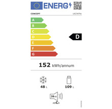 Energetický štítok s triedou energetickej účinnosti D, ročnou spotrebou energie 152 kilowatthodín, objemom mrazničky 48 litrov, objemom chladničky 109 litrov a hlučnosťou 39 decibelov