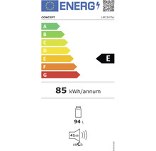 Energetický štítok s triedou energetickej účinnosti E, 85 kilowatthodín ročne, objem 94 litrov a hlučnosť 41 decibelov