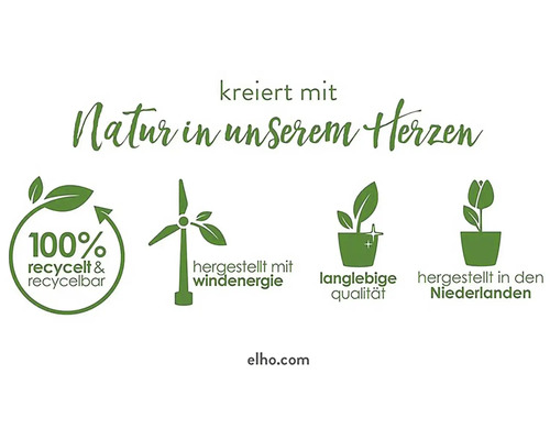 Znaky udržateľnosti Elho: 100 percent recyklované, vyrobené pomocou veternej energie, trvanlivá kvalita, vyrobené v Holandsku