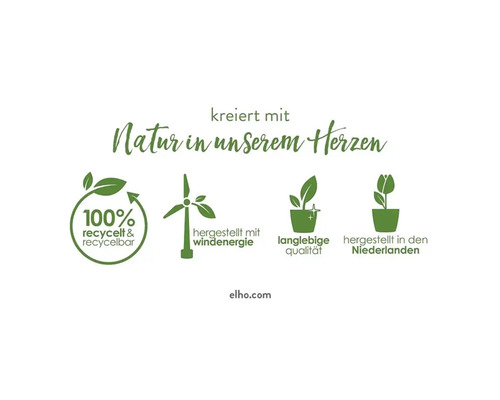 Znaky udržateľnosti Elho: 100 percent recyklované a recyklovateľné, vyrobené pomocou veternej energie, trvácna kvalita, vyrobené v Holandsku