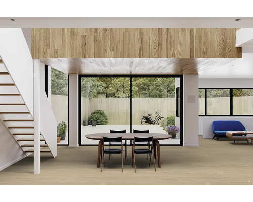 Svetlá obývacia izba so schodiskom, jedálenským sedením a presklenou stenou