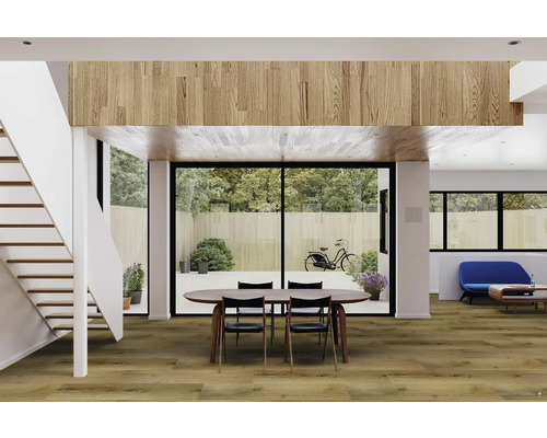 Svetlá obývacia izba s drevenou podlahou, schodiskom a jedálenským stolom