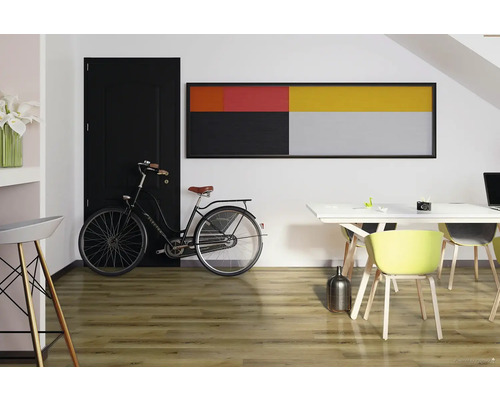 Obývacia izba s drevenou podlahou, bicykel opretý o čierne dvere a jedálenský stôl so stoličkami