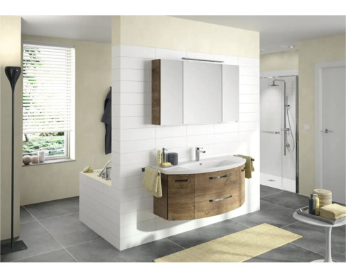 Svetlá kúpeľňa s umývadlovou skrinkou, zrkadlovou skrinkou a sprchovacím kútom