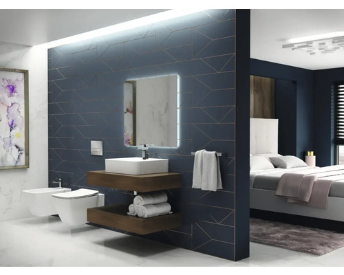 Moderná kúpeľňa s umývadlom, toaletou, bidetom a priľahlou spálňou