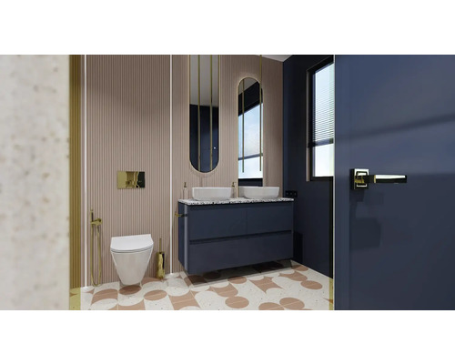 Svetlá kúpeľňa s umývadlovou skrinkou, zrkadlami, toaletou a modernými armatúrami.