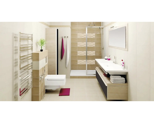 Svetlá kúpeľňa so sprchou, umývadlom, toaletou a rebríkovým radiátorom