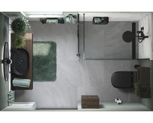 Pohľad zhora na kúpeľňu s umývadlom, zrkadlom, sprchou a toaletou