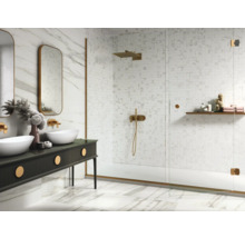 Kúpeľňa s dvojitým umývadlom, zrkadlami a sprchovacím kútom s mozaikovými obkladmi