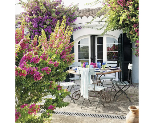 Prestretý záhradný stôl so stoličkami na terase s kvetmi