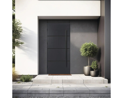 Moderné vchodové dvere s dlhou kľučkou a minimalistickým dizajnom pred domom.