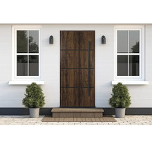 Fasáda domu s vchodovými dverami, oknami a hrnkovými rastlinami