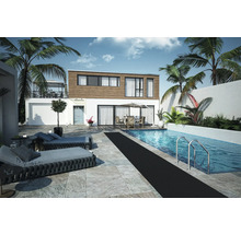 Vonkajší pohľad na dom s bazénom, ležadlami a palmami