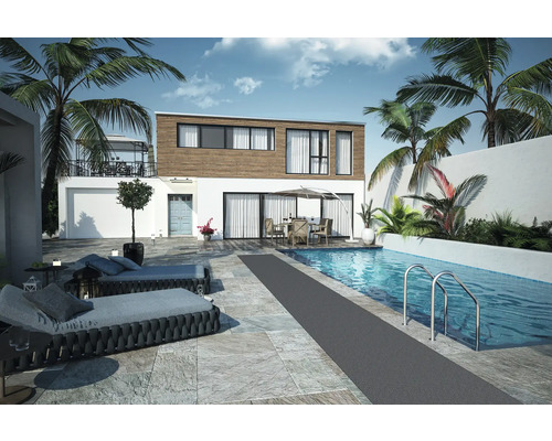 Vonkajší pohľad na poschodový dom s bazénom, terasou a záhradným nábytkom.