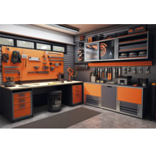 Dielňa s ponkom, stenou na náradie a skriňami na náradie na uloženie náradia