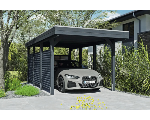 Prístrešok na auto SKAN HOLZ Friesland-Hybrid vr. hliníkové zadné/bočné steny, antracitové kotiev, 314 x 555 cm Moderný drevený prístrešok pre auto s autom