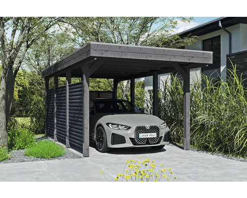 Prístrešok na auto SKAN HOLZ Friesland-Hybrid vr. hliníkových zadných/bočných panelov, 314 x 555 cm, bridlica Drevený prístrešok pre auto s bočnou stenou a automobilom